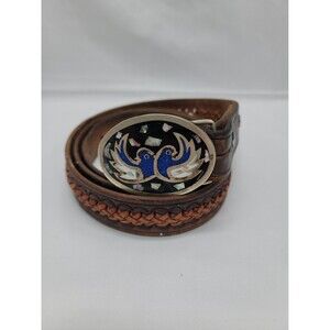 Vtg Alpaca Silver Leather Belt With Bird Inlay Mother Of Pearl Buckle